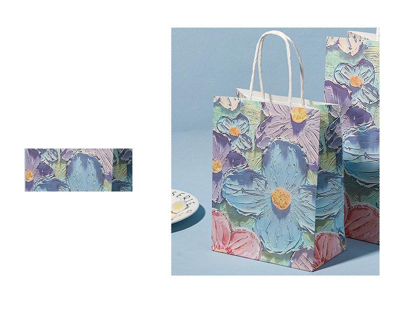 5个装带提手纸质手提袋 花卉油画风格印花礼品袋 适用于母亲节情人节圣诞节礼物包装