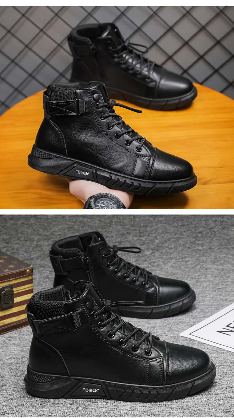 男士休闲靴 男靴 真皮材质短靴 侧拉链系带设计 都市时尚潮流风格 舒适防滑鞋底 皮靴男鞋