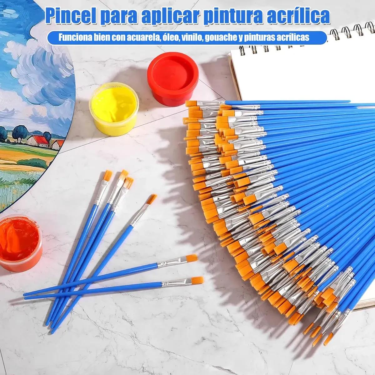 Paquete De 50 Piezas Pinceles Para Pintura Pelo De Nailon Redondo Y Plano Set De Arte Para Acrílico Óleo Acuarela Niños