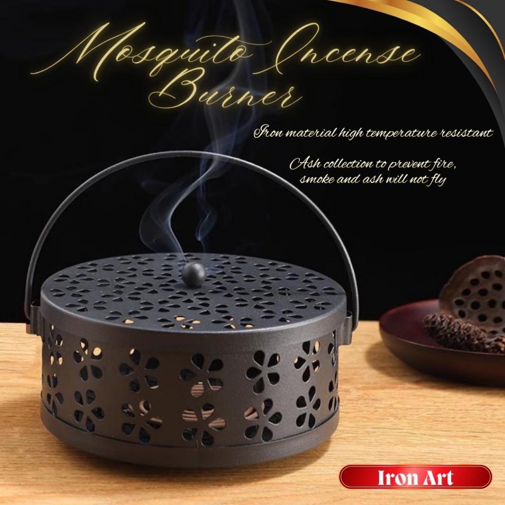 Fireproof Portable Retro Mosquito Incense Metal Coil Holder Tray With Handle & Cover, Round Fireproof Incense Holder Iron Mosquito