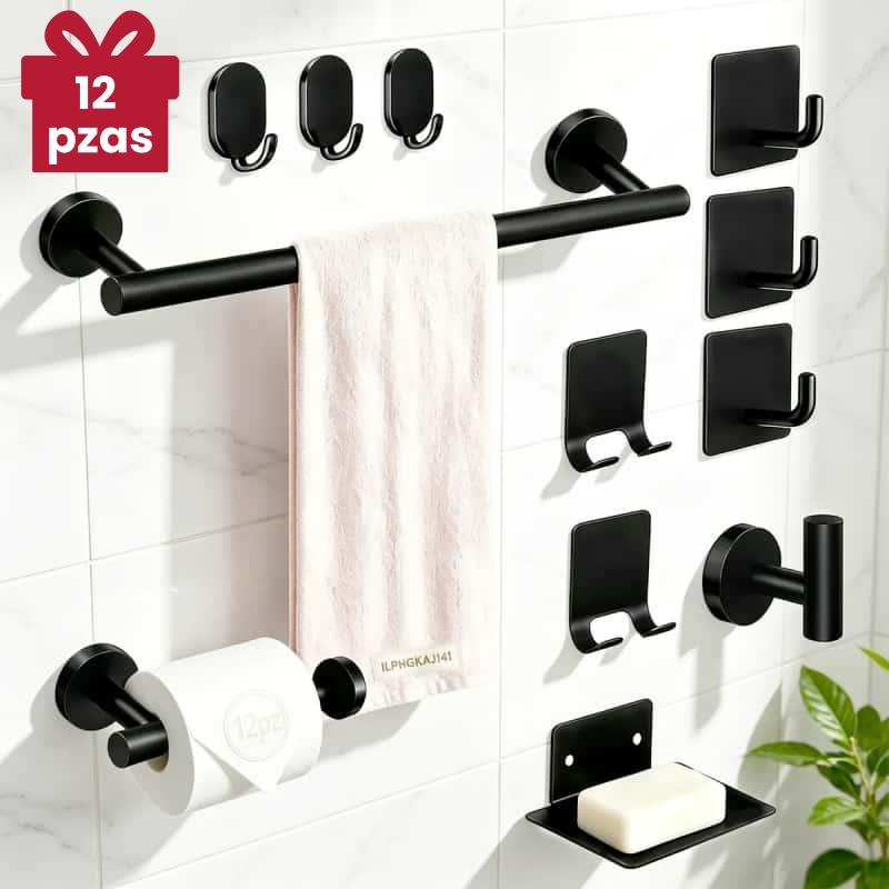 Set 12 Piezas Accesorios Para Baño Acero Inoxidable 304 Negro Mate Toallero Portarrollos Jabonera Adhesivo Y Perforación