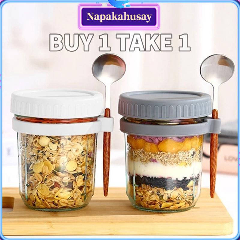 350ml Reusable Overnight Yogurt Oats Jar Glass Bottles with Spoon Overnight Oats Container Oatmeal Canister with Measurement Tin