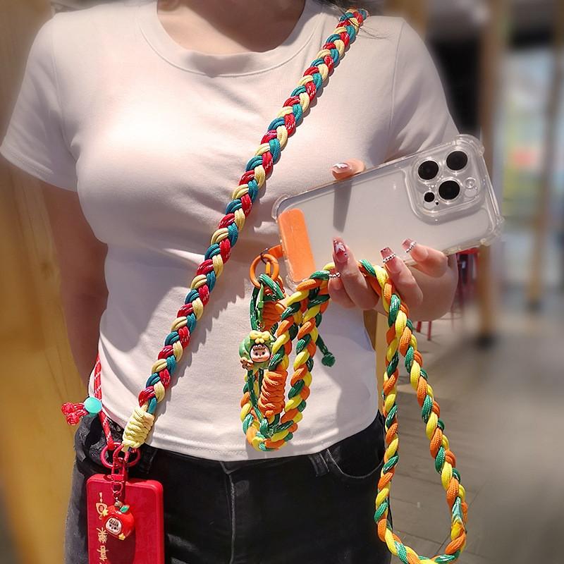 手机挂绳斜挎手机绳女款户外旅行粗犷马尾辫编织可背加长款挂脖手机挂带旅行登山攀岩绳