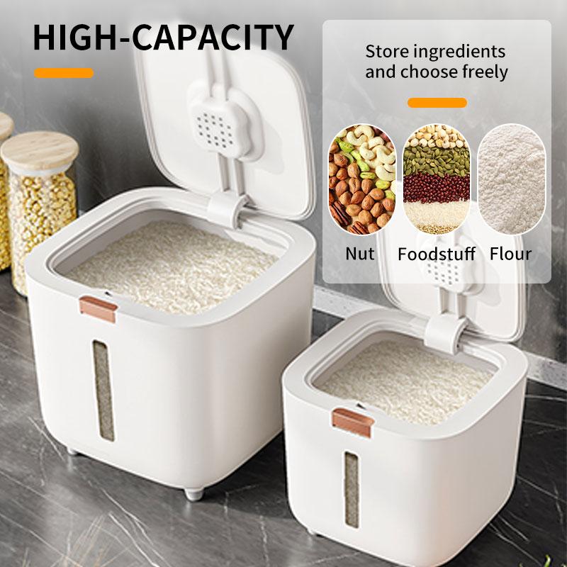 10KG/5KG Rice Dispenser and Storage with Measuring Cup, Sealed Grain Container, Kitchen Utensils, Waterproof Bottles, Silicone Lid - White