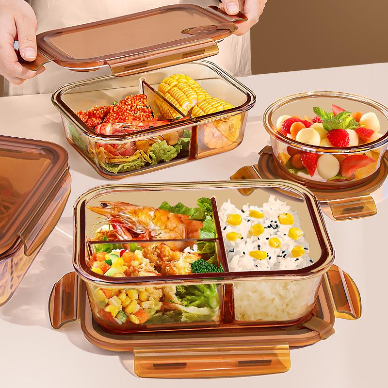 Glass Food Keeper with 2 Dividers - Airtight and Leakproof Crisper Bento Microwaveable Oven Safe Heat Container for Lunch Box - Tableware
