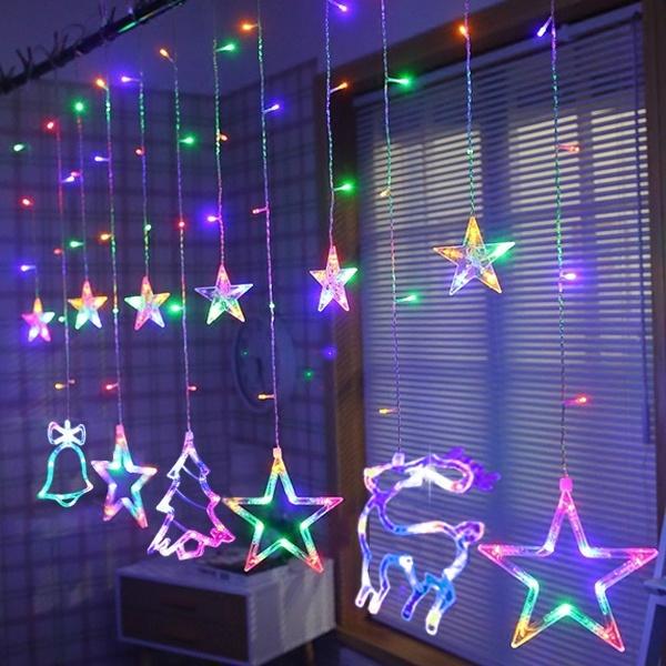 138LED Star Moon Curtain String Fairy Lights - Warm Multicolor - 8 Mode - For Christmas Party Garden Decor - Ornaments