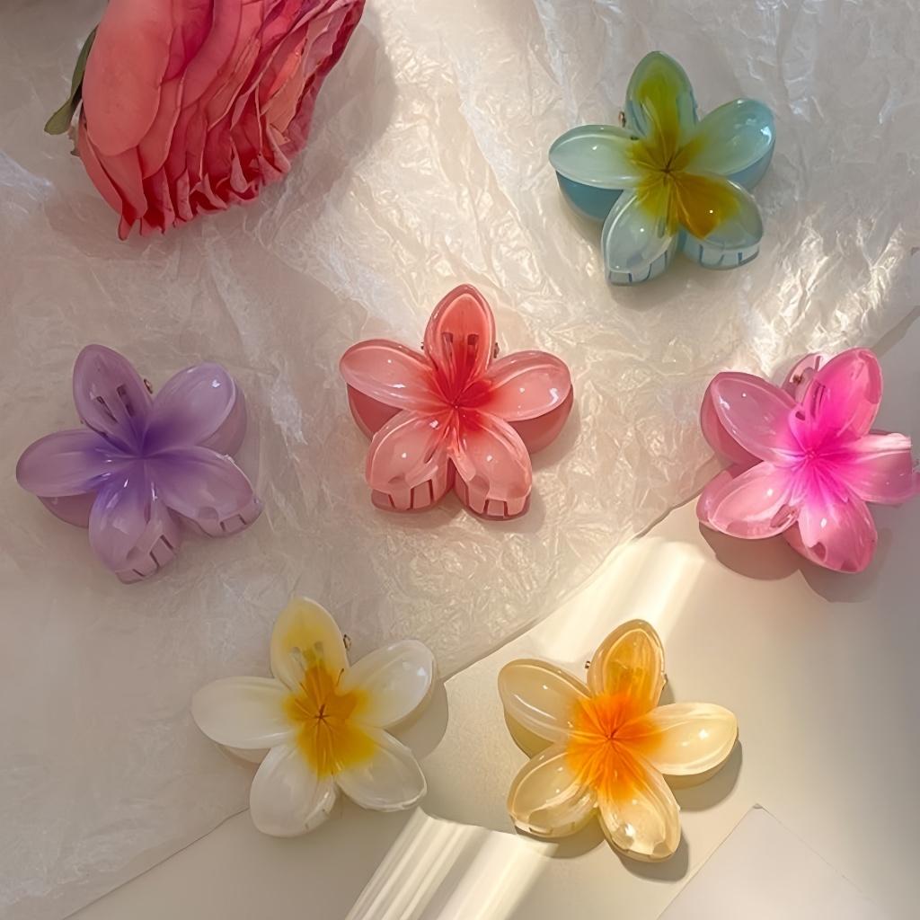 鸡蛋花发夹 6件/套 夏威夷花朵 女士女孩彩色亚克力花朵发饰 8cm迷你沙滩夹 海边发饰