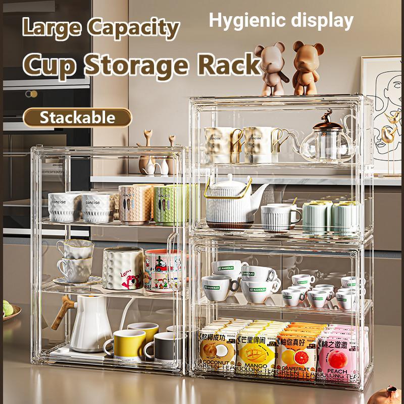 Magnetic Acrylic Display Case Large Capacity Stackable Dustproof Cup Storage Rack for Kitchen Tea Bag Holder