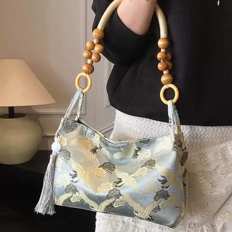 Bolso De Hombro Estilo Oriental Vintage Para Mujer Con Bordado De Grullas Y Borla Bolsa De Mano Con Asa De Cuentas De Madera