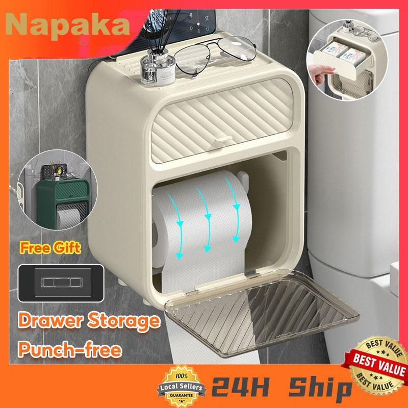 Wall Mounted Toilet Paper Holder Box Punch-Free Non-Perforated Paper Storage Box with Drawer Waterproof Tissue Holder Bathroom Roll Paper Tissue Box Mobile Phone Rack Waterproof Tissue Storage Box for Bathroom Toilet Paper Holder