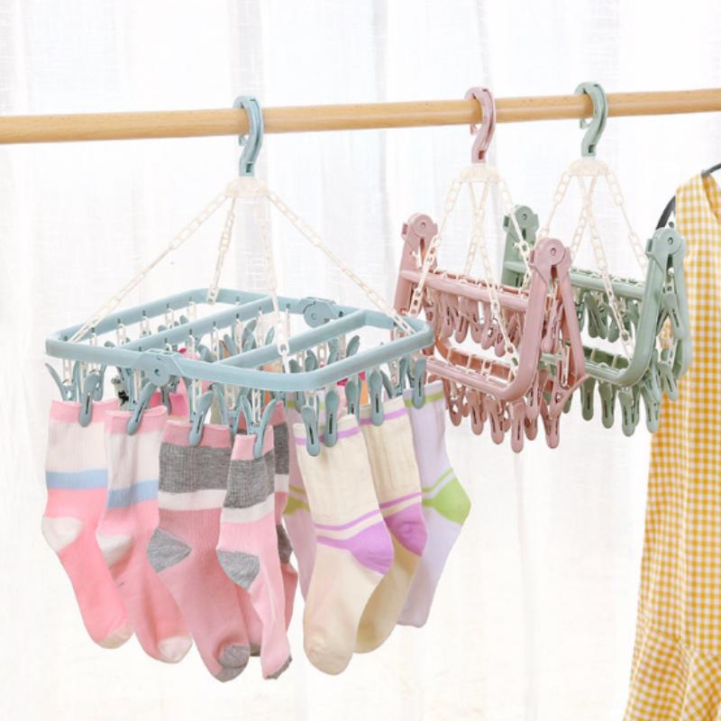 Sampayan ng Medyas at Underwear na may 32 Clip, Matibay na Plastic, Windproof, Natitiklop para sa Damit ng Sanggol