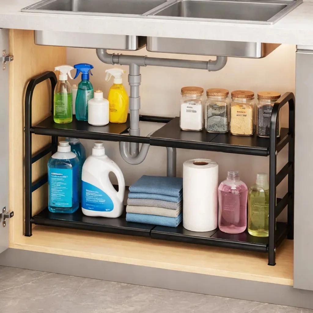 Estante Organizador Bajo Fregadero Retráctil De 2 Niveles Ajustable En Plástico Y Acero Inoxidable Para Ollas Y Cocina
