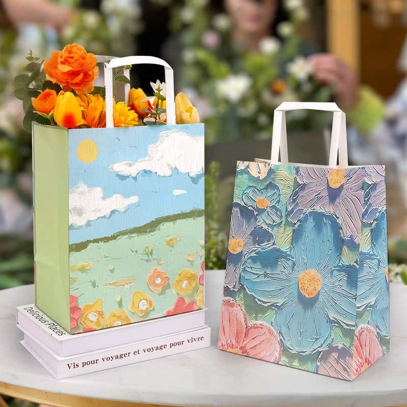 5个装带提手纸质手提袋 花卉油画风格印花礼品袋 适用于母亲节情人节圣诞节礼物包装