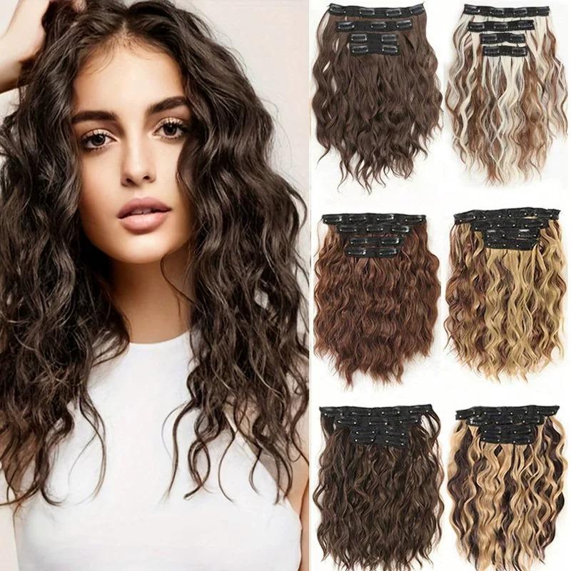 Extensiones De Cabello Con Clip Set 4 Piezas Ondas De Agua 30cm Postizo De Cabello Rizado Corto Para Volumen Y Peinado