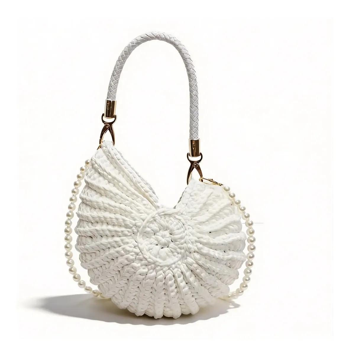Bolso De Concha Tejido A Mano Para Mujer Con Correa De Perlas Para Hombro Y Cruzado Elegante Para Playa Y Eventos