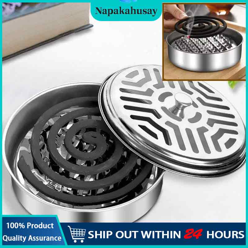 Mosquito Coil Holder Large Metal Repellent Rack Cover Fireproof With Lid Stainless Steel for Home Garden Camping Fishing Travel Outdoor Silver 14.5 x 4cm