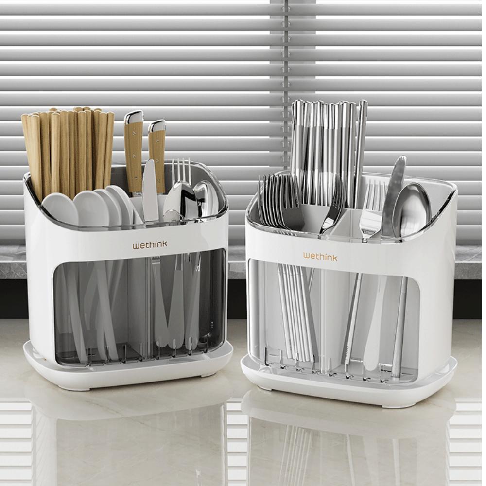 Large Kitchen Utensil Box, Drip Tray, Ventilated Compartments, Detachable, for Office, Chopsticks Spoons Knives Forks
