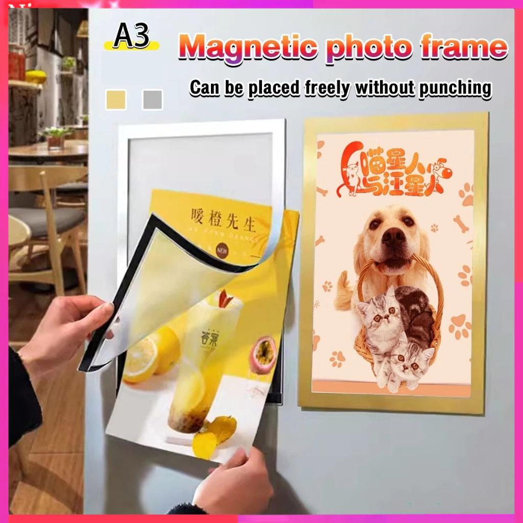 Popotidy A3 Magnetic Photo Frame Black PVC Nano Adhesive Wall Photo Picture Frame for Office Classroom Easy Paste on Metal Surface