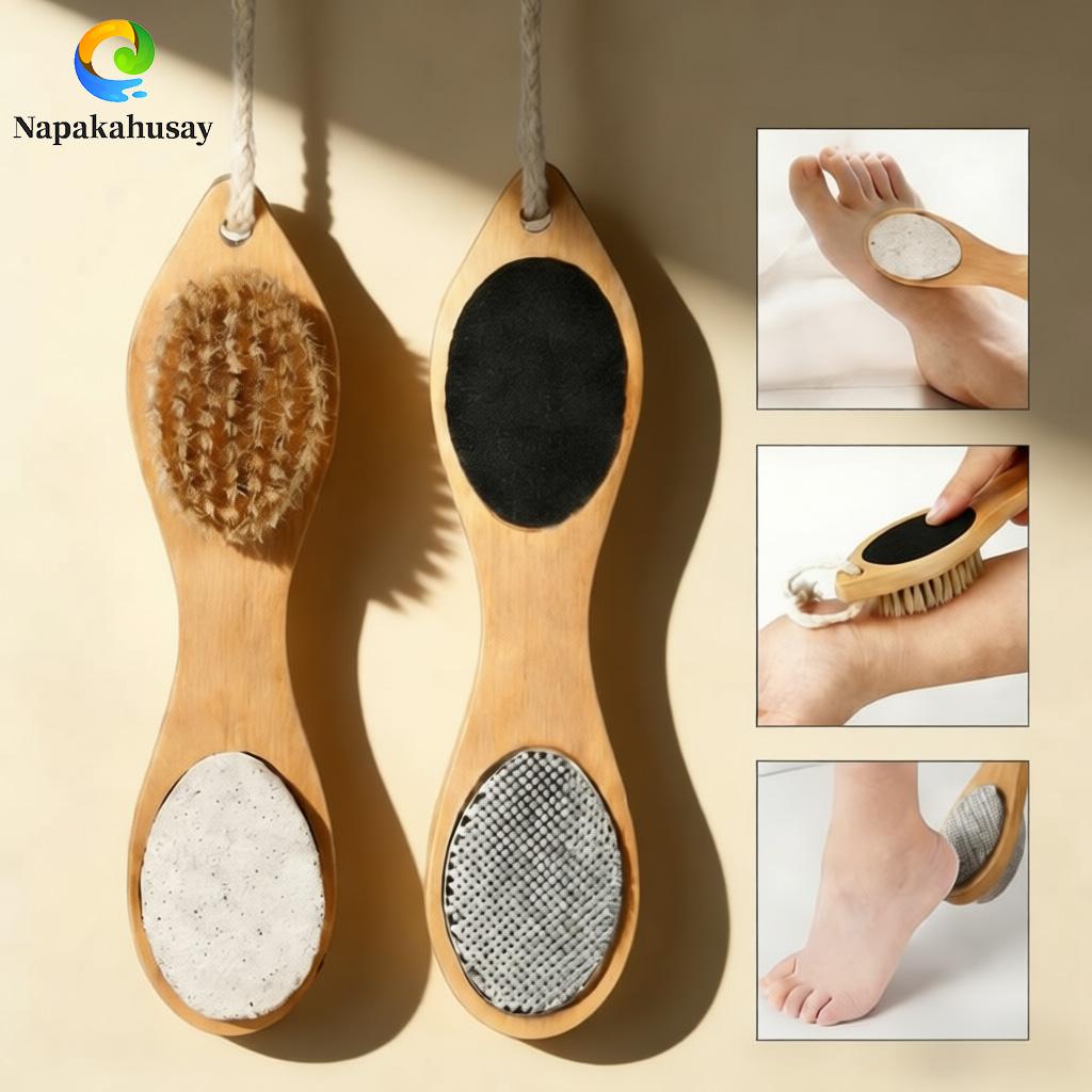 4-in-1 Foot Scrub & Callus Remover Tool with Pumice Stone, Stainless Steel File, Sandpaper, and Bristle Brush for Smooth Feet