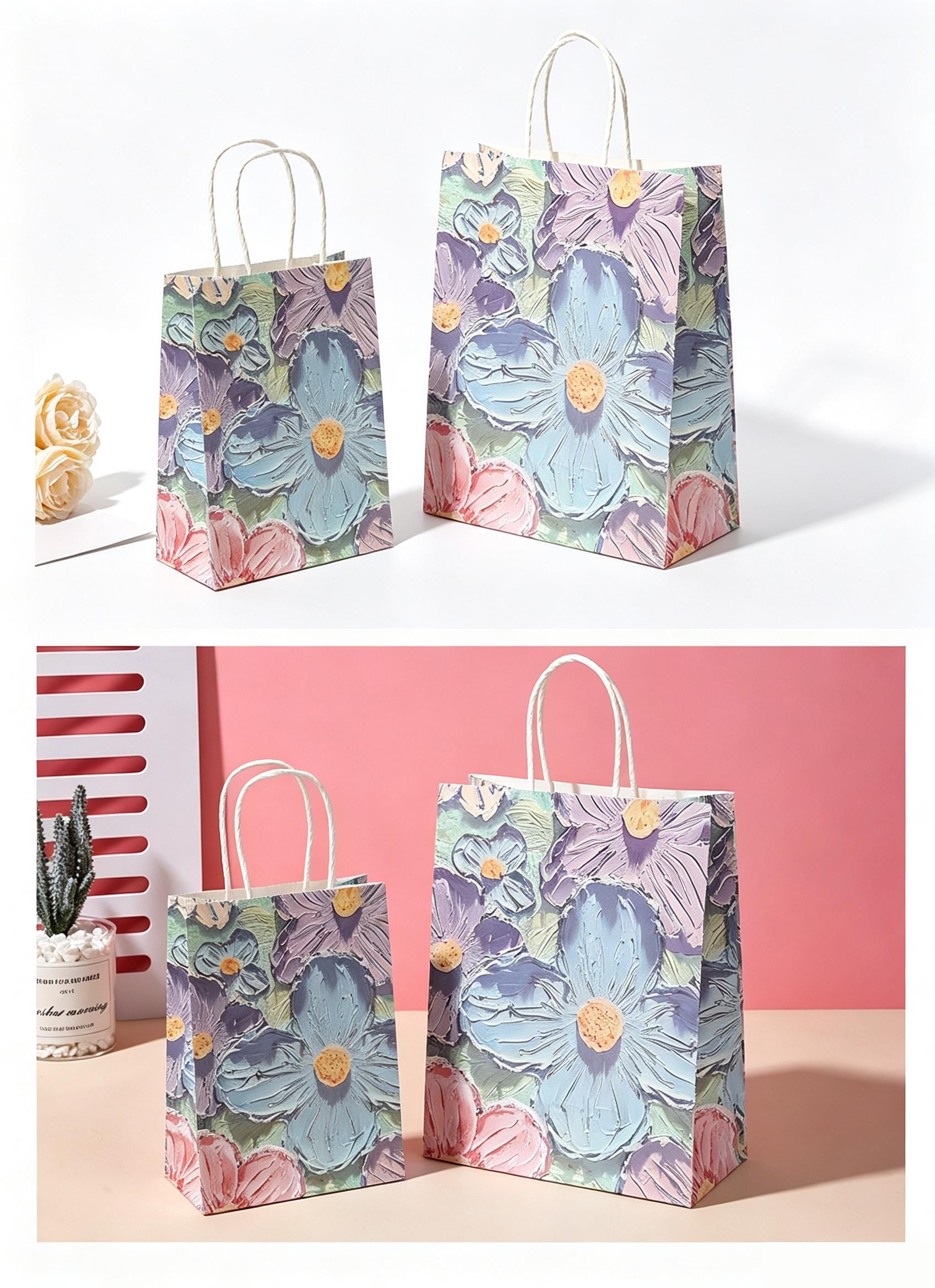 5个装带提手纸质手提袋 花卉油画风格印花礼品袋 适用于母亲节情人节圣诞节礼物包装