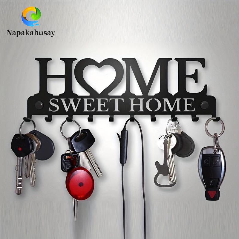 Chic Black Metal Key Holder Wall-Mounted Storage Rack with Decorative Hooks Organizer for Entryway