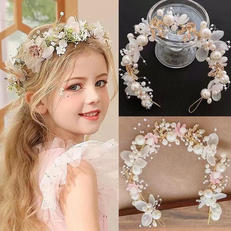 Children's Headdress Princess Garland Girl Pearl Butterfly Hairband Wedding Flower Crowns Headband, Headpieces/Tiara/Flower Crown