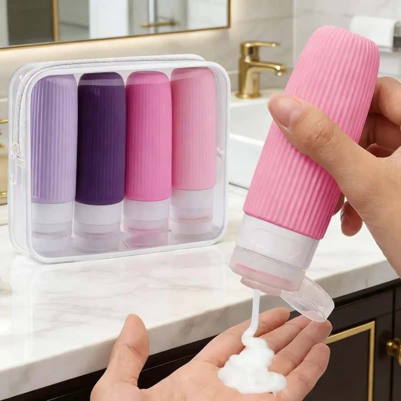 Set De 4 Botellas De Viaje De Silicón 90ml Rellenables Y Antiderrames Botes Portátiles Para Champú Crema Y Equipaje De Mano