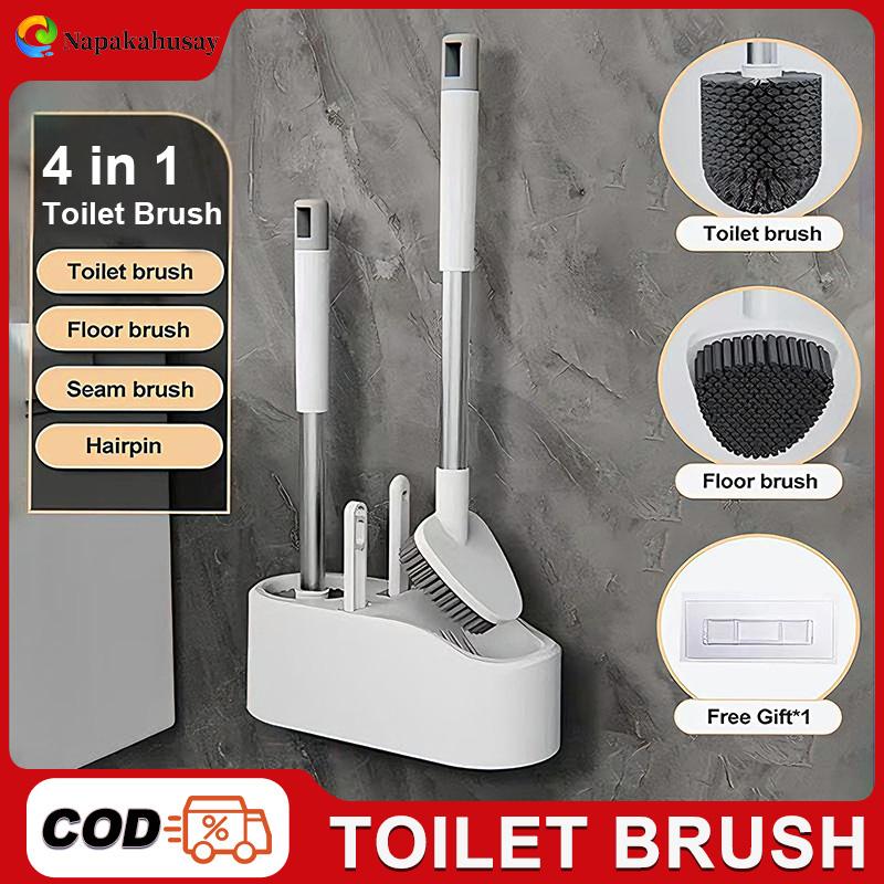 [COD] 4-in-1 Toilet Brush Set with Holder – Wall-Mounted, Long-Handled, and Gap-Cleaning (Includes Crevice Brush, Floor Brush, and Hair Catcher)